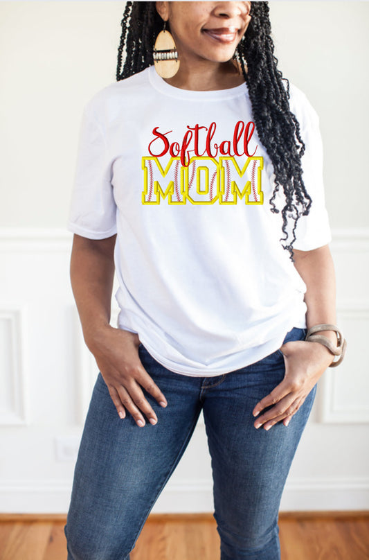 Embroidered Softball Mom Long Sleeve T-Shirt, Short Sleeve T-Shirt or Crewneck